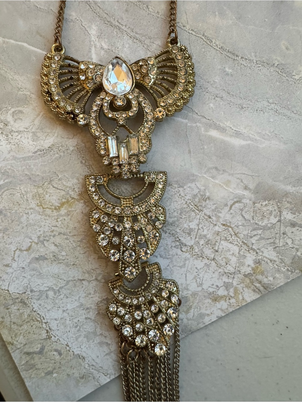 Gold Crystal ornate Tribal Indian Long Dangle Statement Necklace Unbranded